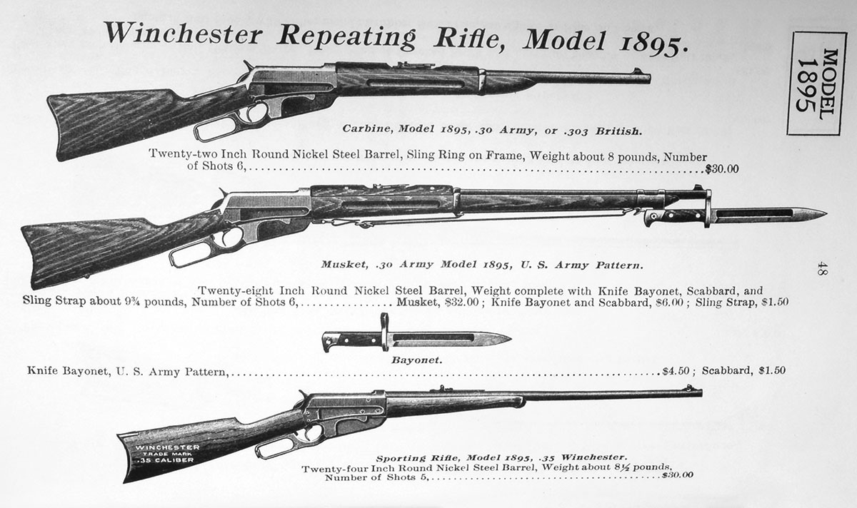 Military forms of the M1895 were available. The sporting rifle with a 24-inch barrel was only available in 35 Winchester.